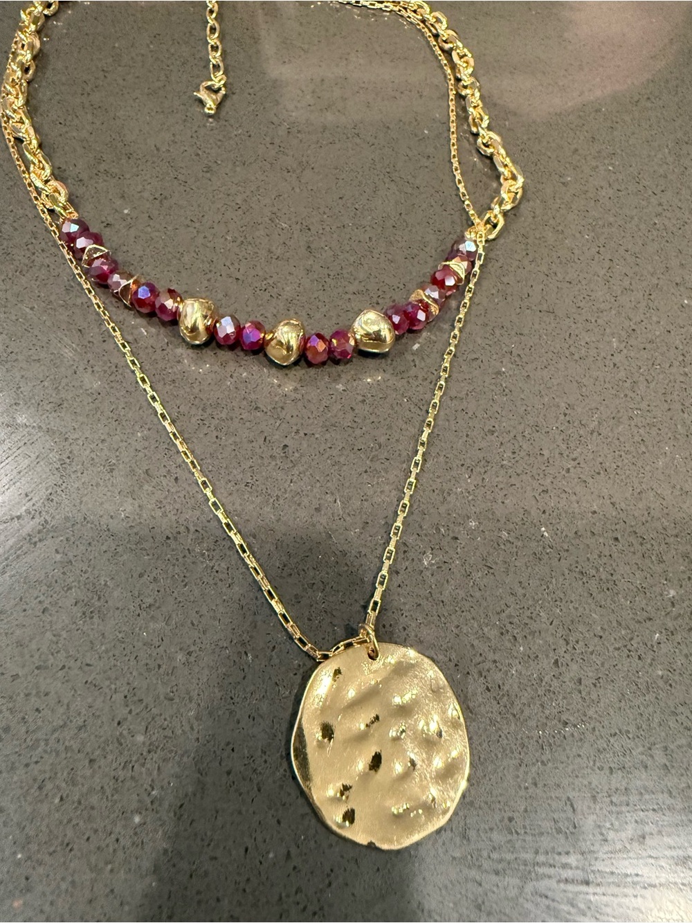 Layered Gold Pendant Necklace with Burgundy Beads